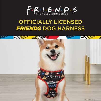 Friends TV Show Iconic Graphics Dog Harness for Small Dogs (S) | Black No-Pull Harness with D-Ring | Machine Washable Friends Merch