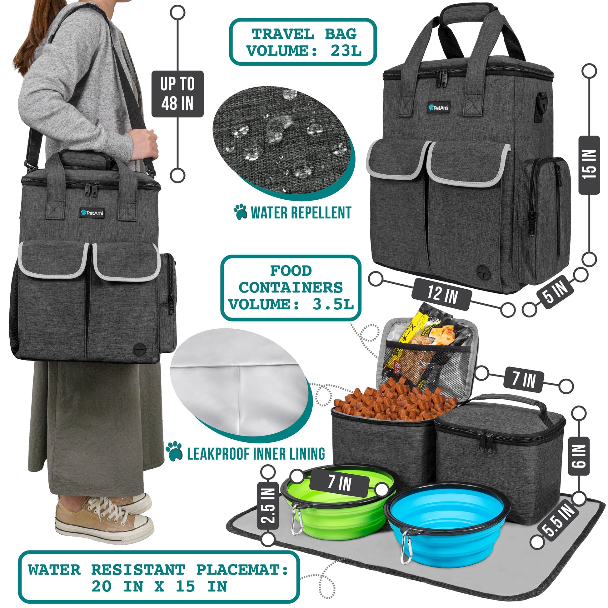 Dog Travel Bag Pet Supplies Accessories Organizer for Traveling, Camping, Weekend; Cat Pet Travel Bag Kit Includes 2 Food Storage Containers, 2 Collapsible Bowls, 1 Feeding Mat (Dark Gray)