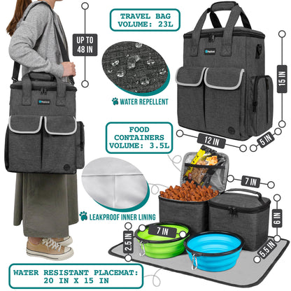 Dog Travel Bag Pet Supplies Accessories Organizer for Traveling, Camping, Weekend; Cat Pet Travel Bag Kit Includes 2 Food Storage Containers, 2 Collapsible Bowls, 1 Feeding Mat (Dark Gray)