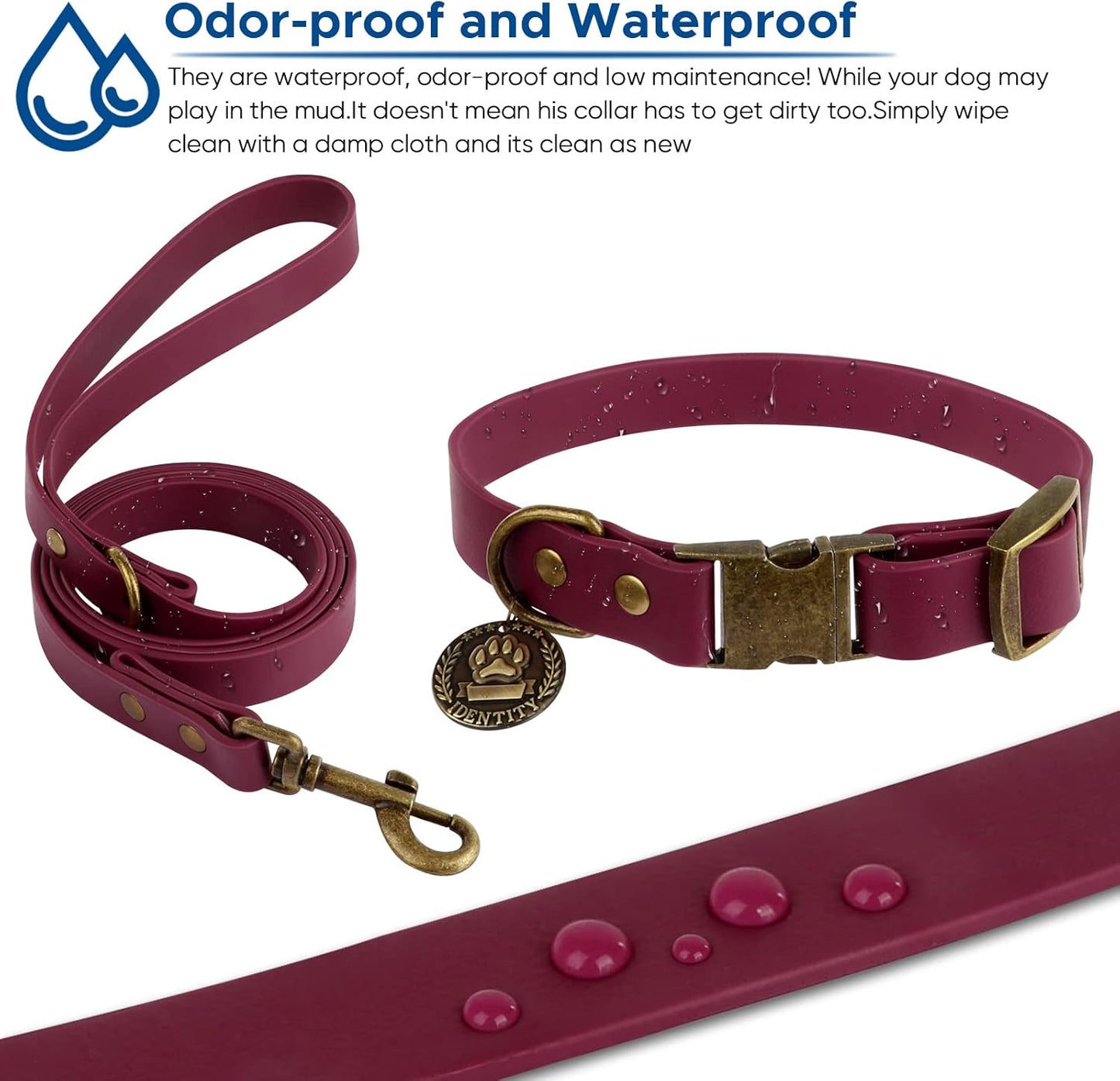 Dog Collar and Leash Set, Waterproof Adjustable Puppy Collars with Cute Tag 6FT Dog Leash with Poop Bag for Small Medium Large Dogs (M, Burgundy)